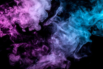 Translucent smoke rising to the top, illuminated by light on a dark background, multi-colored: blue, gray and pink, evaporating in waves exhaled from the vape. T-shirt print.