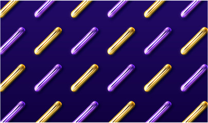 Purple background with lilac and golden shiny 3d cylinders or sticks abstract pattern.