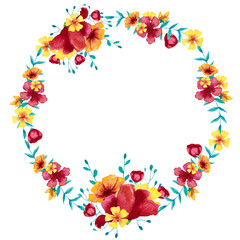Watercolor blue, red and yellow wreath with flowers, leaves and branches. Hand drawn illustration.