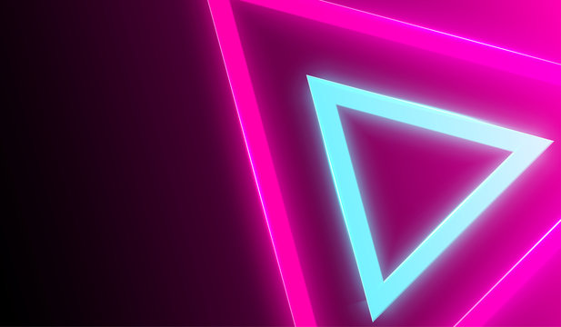 Abstract background with pink and blue shiny neon triangles pattern.