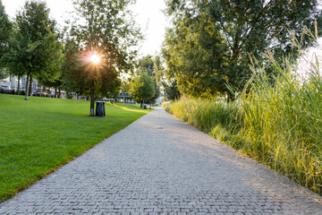 Early morning picture of the promenade in front of the Eurovea shopping center in Bratislava near Danube river