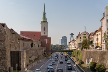 Daily traffic on the roads in the center of Bratislava, the capital of Slovak Republic