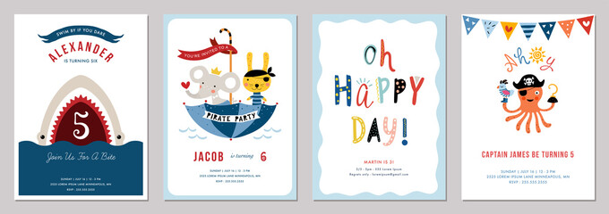 Birthday boy invitation cards set.