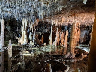 Parks Victoria Buchan Caves, Stalictites and Stalagmites inside the Royal Cave.