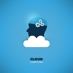 AI Powered Cloud Service, Automated Support Assistance, Digital Aid, Deep Learning and Smart Technology Concept Design with Human Head and Gear Symbols - Vector Illustration 