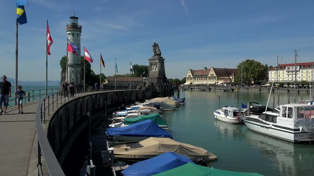 Harbour Entrance with Lighthouse and Lion Statue, Lindau, Lake Constance, Swabia, Bavaria, Germany