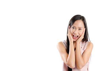 Asian woman with happy expression face and smile isolated on white background.