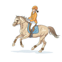 An illustration of a young girl cantering on a big pony.