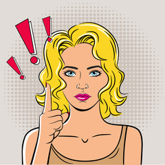 A beautiful young woman draws attention with her index finger. Exclamation mark. The girl is drawn in the style of pop art.