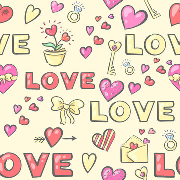 Fototapeta Valentine's Day seamless pattern with hearts and inscriptions