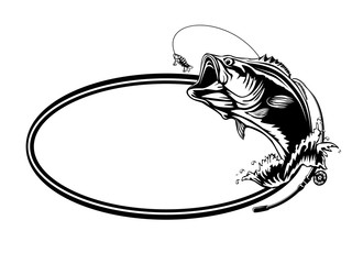 Fishing bass logo. Bass fish with rod club emblem. Fishing theme illustration. Fish Isolated on white.