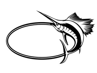 Marlin fish logo.Sword fish fishing emblem for sport club. Angry marlin fishing background theme vector illustration.