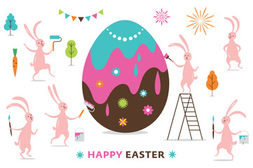 Fototapeta premium Easter scene, cute bunnies paint a big Easter Egg 