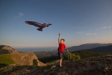Kite flying. The boy launches a kite. Beautiful sunset. Mountains, sea, landscape. The boy in the red t-shirt and shorts. Summer day.