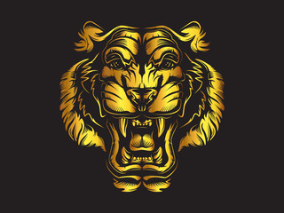 Tiger angry face gold tattoo. Vector illustration of big cat head. Tiger angry logo. Safari animal.