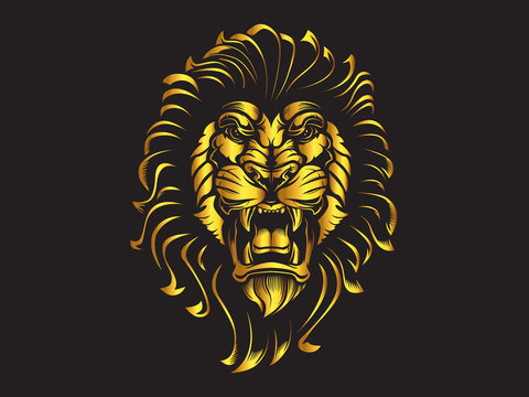 Lion angry face gold tattoo. Vector illustration of lion head. Safari print.