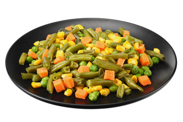 cut green beans, green peas and corn at black plate isolated on white background. healthy food