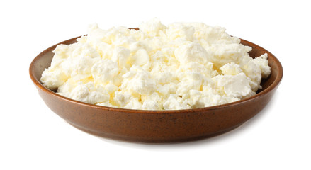 cottage cheese in brown bowl isolated on white background