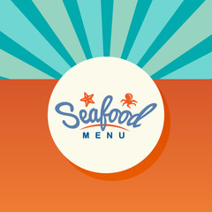 Seafood menu round label on colorful background
