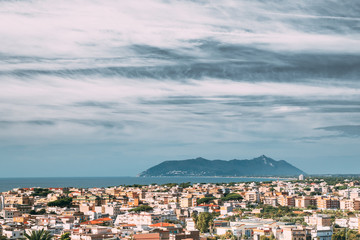 Terracina, Italy. Skyline View Of Terracina With Circeo Promontory And Tyrrhenian Sea In Background