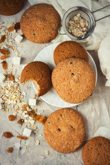 Oatmeal cookies handmade, Oatmeal Flakes, Raisins on a light background. Breakfast Concept