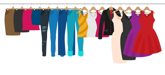 Flat vector racks with clothes on hangers. Girl Shopping.