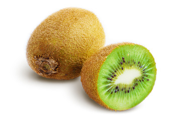 Kiwi Fruit. Whole and Sliced Kiwi Fruits Isolated on White Background. Full Depth of Field 