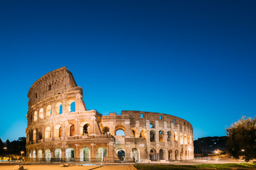 Rome, Italy. Colosseum - Flavian Amphitheatre In Evening Or Night Time.