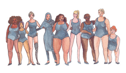 Different women standing in a row hugging each other. Illustration painted in watercolor and pencil on clean white background - 246572431