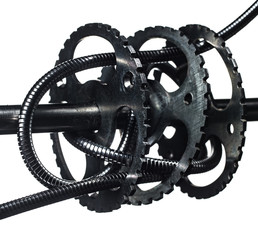 The mechanism of gears and axles in high wear on white background