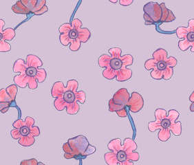 Seamless pattern with pink flowers on light purple backdrop painted in watercolor