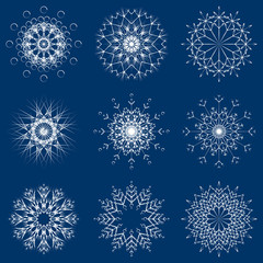 Vector collection of artistic icy abstract crystal snow flakes isolated on background as winter december decoration group or collection. Ice or frost beautiful star ornament silhouette or season art