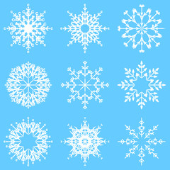 Vector collection of artistic icy abstract crystal snow flakes isolated on background as winter december decoration group or collection. Ice or frost beautiful star ornament silhouette or season art