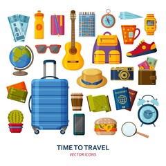 Travel icons with suitcase and sunglasses and guitar. Tourism items set