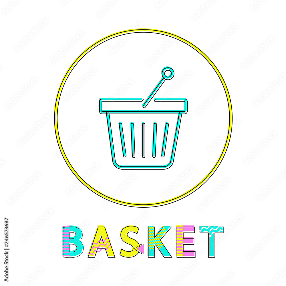 Poster shopping basket vector illustration in linear outline style. pottle for shop symbol, gadget concept 