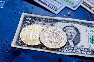 two coins bitcoin lie on two bucks. Bitcoin drop to such a low price. collapse failure.