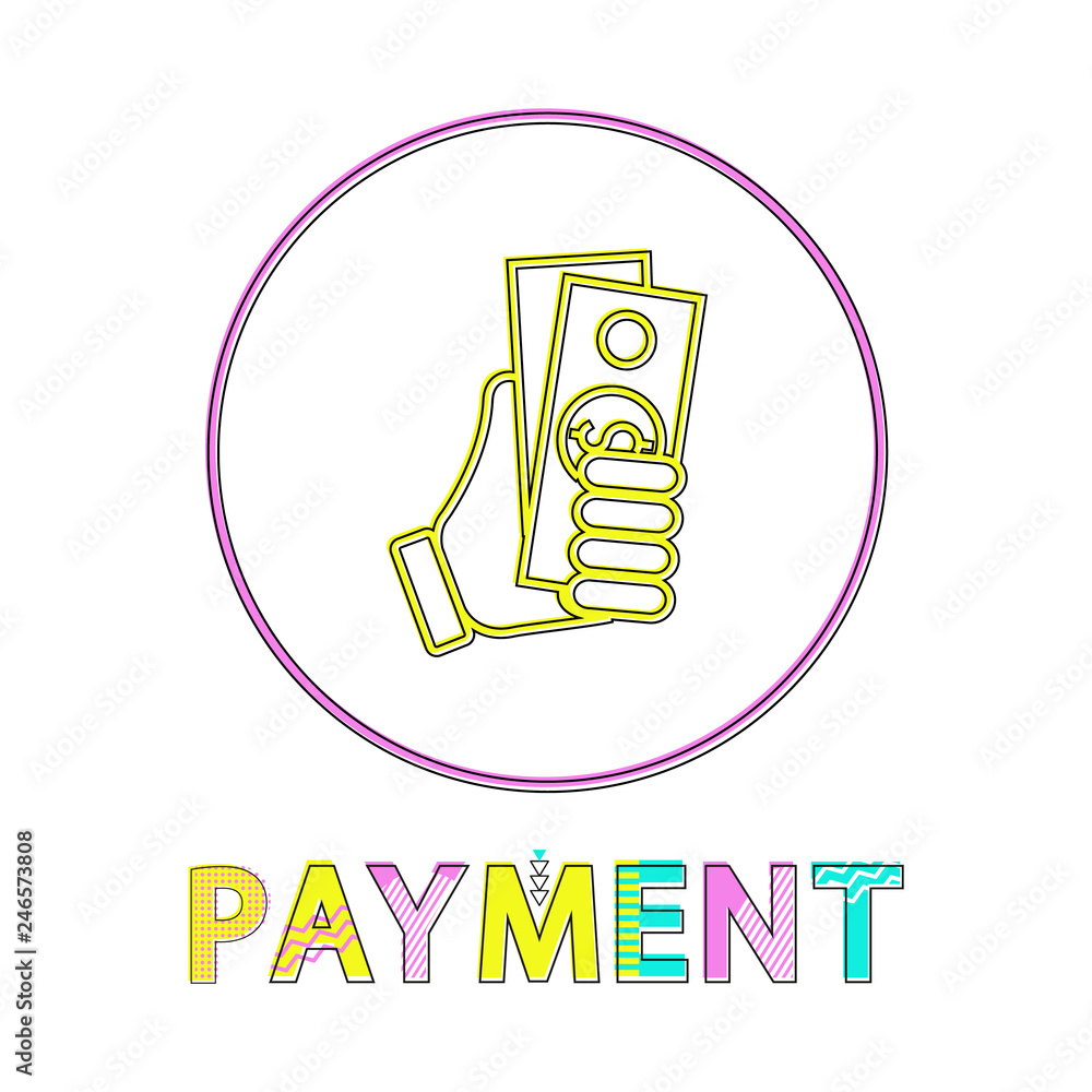 Poster dollar hold in sketch hand symbolizing payment small color minimalist icon in lineout style for bank