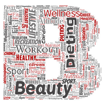 Vector conceptual healthy living positive nutrition sport letter font word cloud isolated background. Collage of happiness care, organic, recreation workout, beauty, vital healthcare spa concept