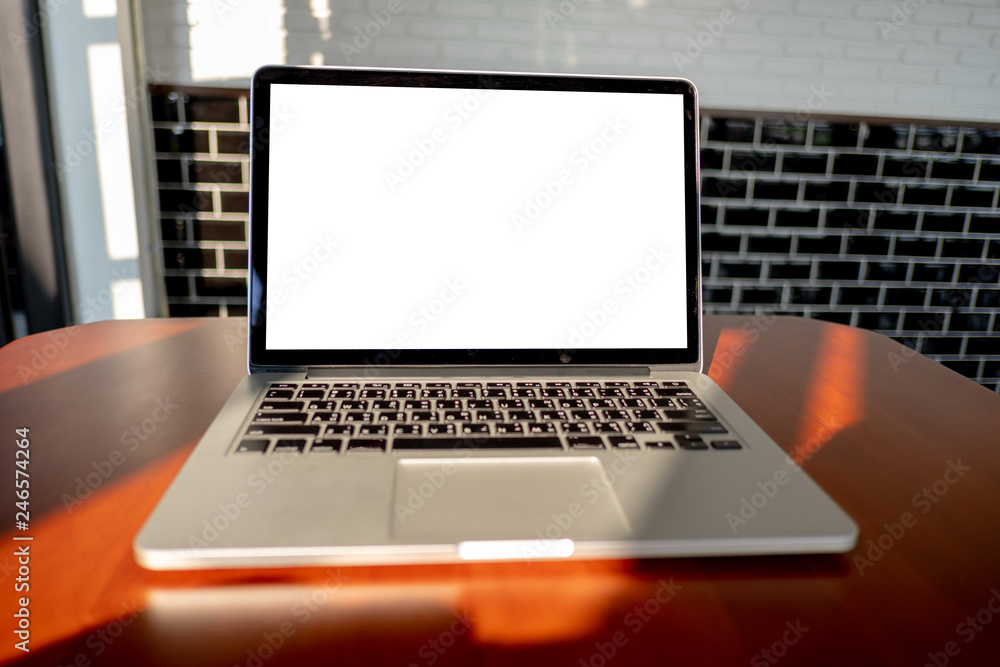 Poster mock up Using laptop with blank screen computer modern