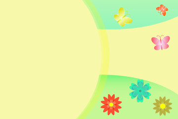 Spring background, abstract sun symbol, flowers and butterflies, copy space, template for card, cover, poster.