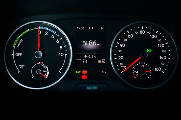 Electric car dashboard with lighting and engine starting 