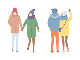 Couples spending time outdoors walking together vector. People cuddling embracing, wearing warm clothes, winter season cold days. Pair hold hands