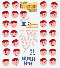 Businessman in casual style. Twenty eight expressions and basics body elements, template for design work and animation. Vector illustration to Isolated and funny cartoon character.