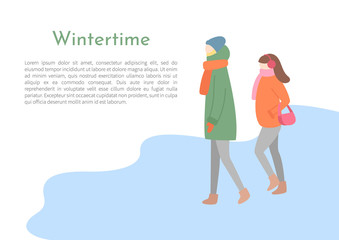 Couple of man and woman going outdoor in jacket with hood and scarf, hat and earmuffs and mittens. Walking girl and boy in wintertime, side view vector