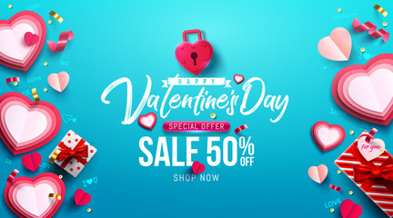 Valentine's Day Sale Poster or banner with sweet gift,sweet heart and lovely items on blue background.Promotion and shopping template or background for Love and Valentine's day concept.Vector EPS10