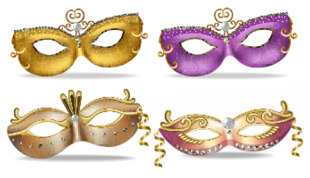 Golden and purple masks set collection Vector realistic. Stylish Masquerade Party. Mardi Gras card invitation. Night Party Poster. Dance Flyer. Musical festival banner templates