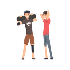 Best Male Friends Talking Together, Guy with Skateboard, Male Friends Spending Good Time Together, Male Friendship Vector Illustration