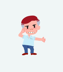 Businessman in casual style, is angry and points his head with his index finger.