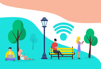 Plakat People use their smartphone and laptop use wifi zone in the park. It can use for, landing page, template, ui, web, mobile app, poster, banner, flyer