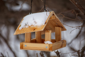 A snow covered bird house in winter